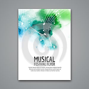 Colorful vector music festival concert template flyer. Musical flyer design poster with notes