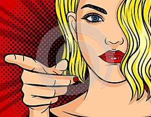 Colorful vector poster in pop art style. The girl points her finger at you. Beautiful young woman with red lips and blond hair sho