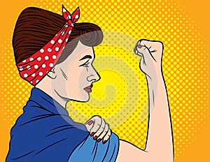 Colorful vector poster in the style of pop art about women`s rights. Female feminism, female power. A girl with a bandage on her