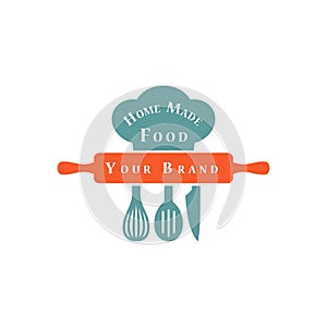 Colorful vector restaurant business logo design. Home food trademark stamp in blue and orange.