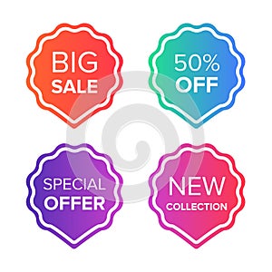 Colorful vector sale tags and badges set. Big sale, special offer, price off, new collection badges. Promotion banner