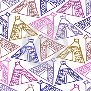 Colorful vector seamless pattern design of lined silhouettes of ancient pyramid house