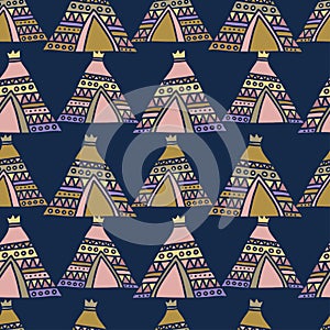 Colorful vector seamless pattern design of lined silhouettes of ancient pyramid house