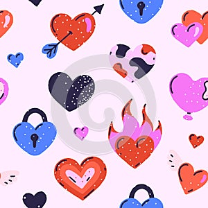 Colorful vector seamless pattern of different hearts on light background. Love and passion. Valentine's Day. Hand