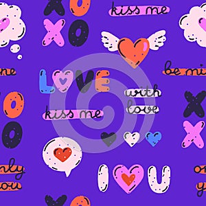 Colorful vector seamless pattern of hearts, speech bubbles, quotes on purple background. Love and passion. Valentine