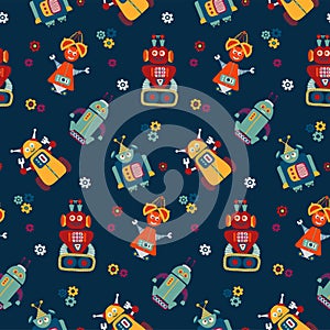 Colorful vector seamless pattern with retro robots.