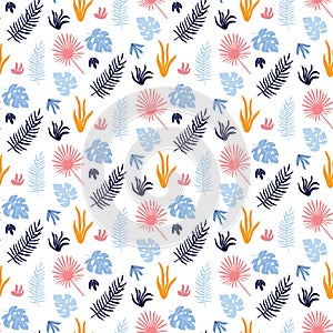 Colorful vector seamless pattern with tropical leaves.
