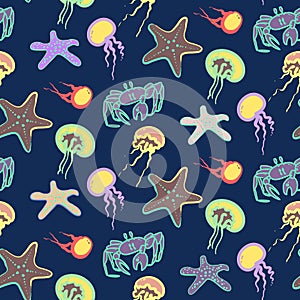 Colorful vector seamless pattern with underwater inhabitants in sea or ocean. Good for childrens wrapping, textile, fabric,