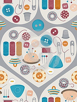 Colorful vector seamless repeat pattern with different sewing accessories, buttons, threads in heart shapes for fabric
