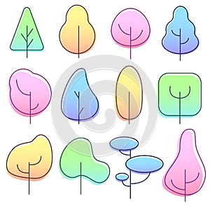 Colorful vector set with different colored trees in gradient photo