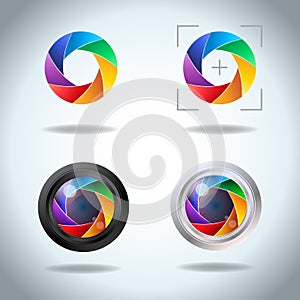 Colorful vector set of lens aperture. Diaphragm of a photo camera shutter spectrum icon set. Side exposed aperture blades