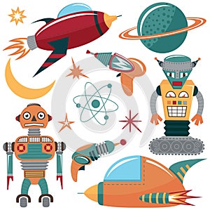 Colorful vector set with robots, spaceships and planets.