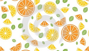 Colorful vector summer seamless pattern with fruits orange and lemon and mint illustration