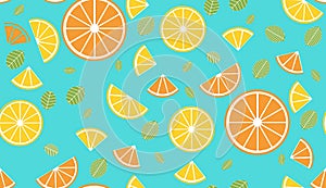 Colorful vector summer seamless pattern with fruits orange and lemon and mint illustration