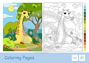 Colorful vector template, colorless contour illustration of a giraffe eating a flower in a woodland and suggested palette on the