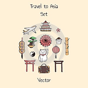 Colorful vector travel to asia set. Includes plane, suitcase and oriental elements