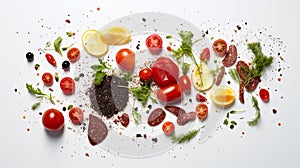 Colorful Vegetable Confetti On White Canvas: A Playful Food Composition