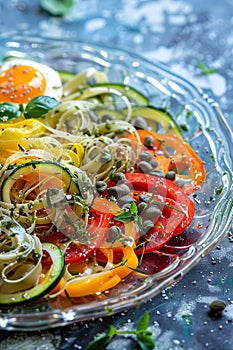 Colorful vegetable pasta salad with a variety of garnishes.