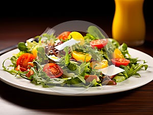 Colorful vegetable salad with slices of cheese on white plate