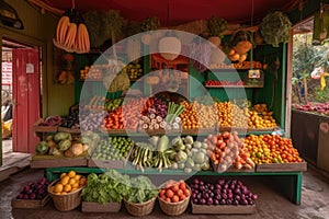 colorful vegetable stand, with a variety of fruits and vegetables on display