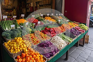 colorful vegetable stand, with a variety of fruits and vegetables on display