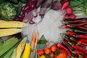Colorful vegetables frame on shabby background Nature colors
