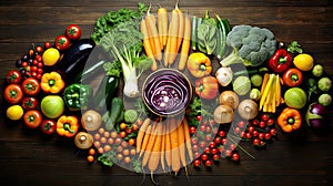 Colorful vegetables and fruits on the table, healthy and wholesome food, AI