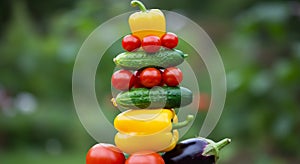 Colorful Vegetables Stacked in a Pyramid Outdoors