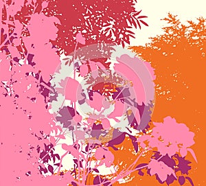 Colorful vegetal illustration with flowers and foliage in vivid colors. Warm summer tones photo