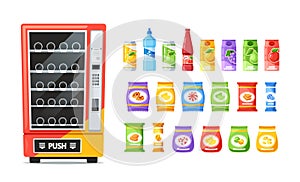 Colorful Vending Machine Offering A Tempting Array Of Snacks And Drinks. Rows Of Enticing Products, From Chips To Sodas