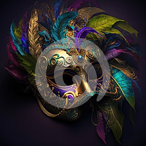 A colorful venetian mask with feathers, Generative AI