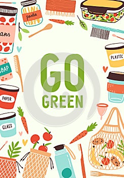 Colorful vertical frame background with different reusable eco products. Go green poster with bio sustainable bags, cups