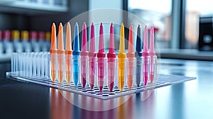 Colorful vials in a lab rack on a table