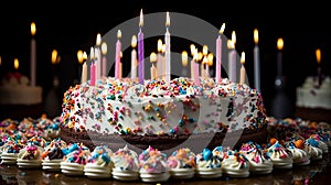 Colorful and Vibrant Birthday Cake with Assorted Sprinkles and 21 Eye-Catching Candles