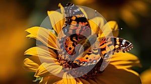 A colorful and vibrant butterfly resting on a yellow sunflower created with Generative AI