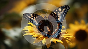 A colorful and vibrant butterfly resting on a yellow sunflower created with Generative AI