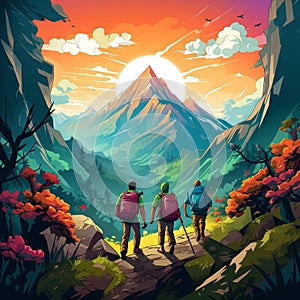Colorful and Vibrant Cartoon Illustration of Explorers Venturing into Uncharted Land