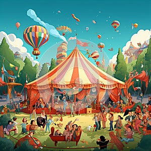 Colorful and vibrant circus tent filled with people laughing uncontrollably