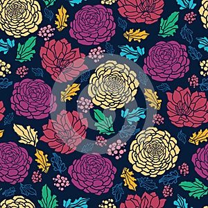 Colorful vibrant flowers on dark seamless pattern