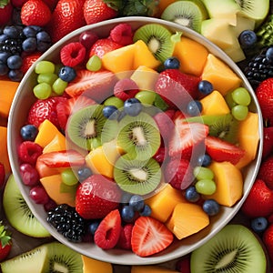 A colorful and vibrant fruit salad with a mix of tropical and seasonal fruits4