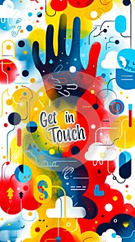 Colorful and vibrant Get in Touch concept illustration with hand symbols, clouds, and playful design elements, evoking