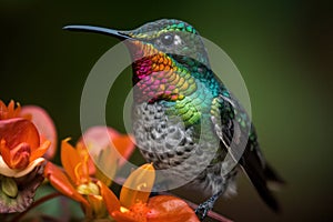 Colorful and vibrant hummingbird with a glossy feather coat resting on a tree branch