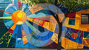 A colorful vibrant mural on a buildings wall depicts a community coming together to harness the power of the sun with