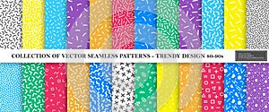 Colorful vibrant vector collection of memphis seamless patterns. Fashion design 80-90s. Bright stylish textures.