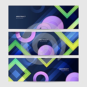 Colorful vibrant web banner background template with abstract square circle shapes. Collection of horizontal promotion banners