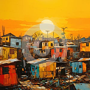 Colorful and vibrant yellow and orange shantytown at sunrise photo