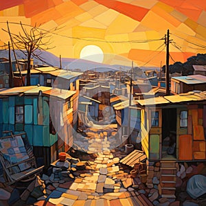 Colorful and vibrant yellow and orange shantytown at sunrise photo