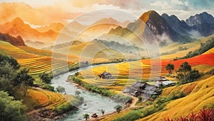 Colorful Vietnam Oil Painting Landscape Landscape Wallpaper Illustration Background Watercolor Ink