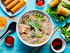 Colorful vietnamese pho bo with beef and spring rolls photo