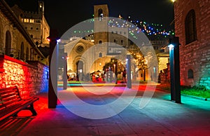 Colorful view of Colmar at christmas time with decorations and lights